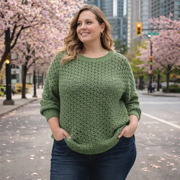 Reitmans Tops - Reitmans Green Open Knit Crochet Sweater | Lightweight Long Sleeve Pullover